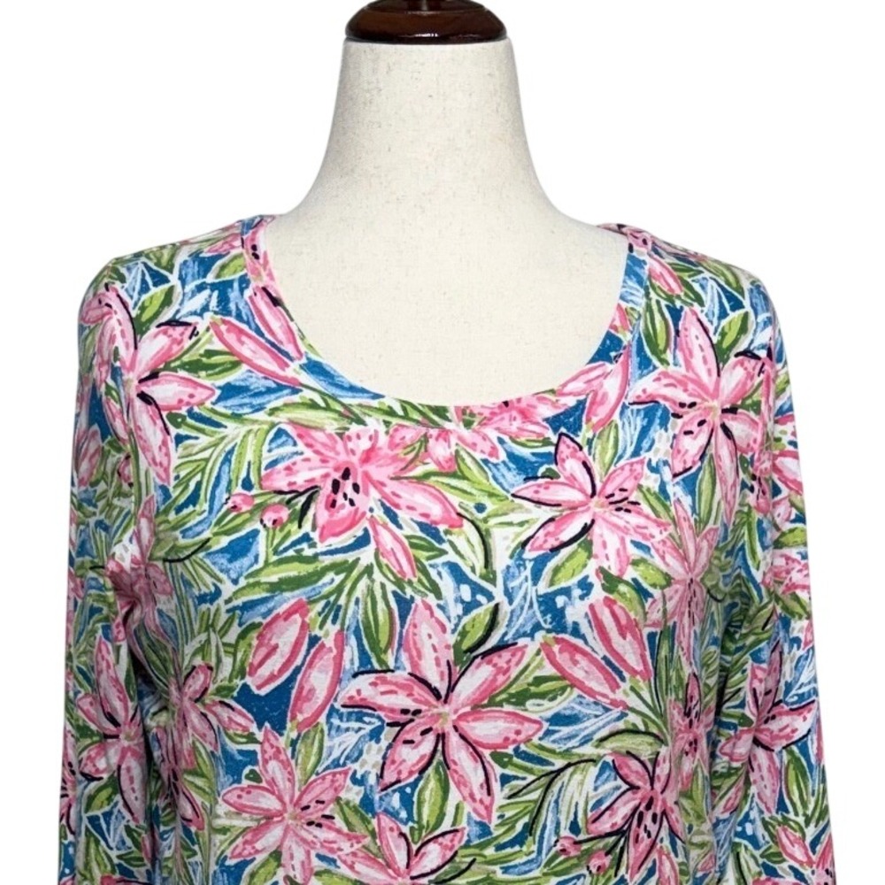 Talbots Top Womens 1X Pink Blue Tropical Floral 3/4 Sleeve Colorful Stretch